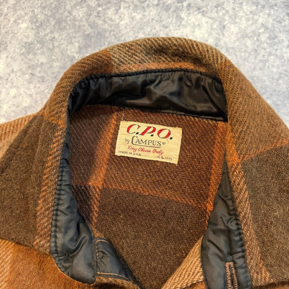 Vintage 60s 70s C.P.O. Campus Mens Brown Plaid Wool Blend Shirt Jacket L 16-16.5 - Picture 8 of 8